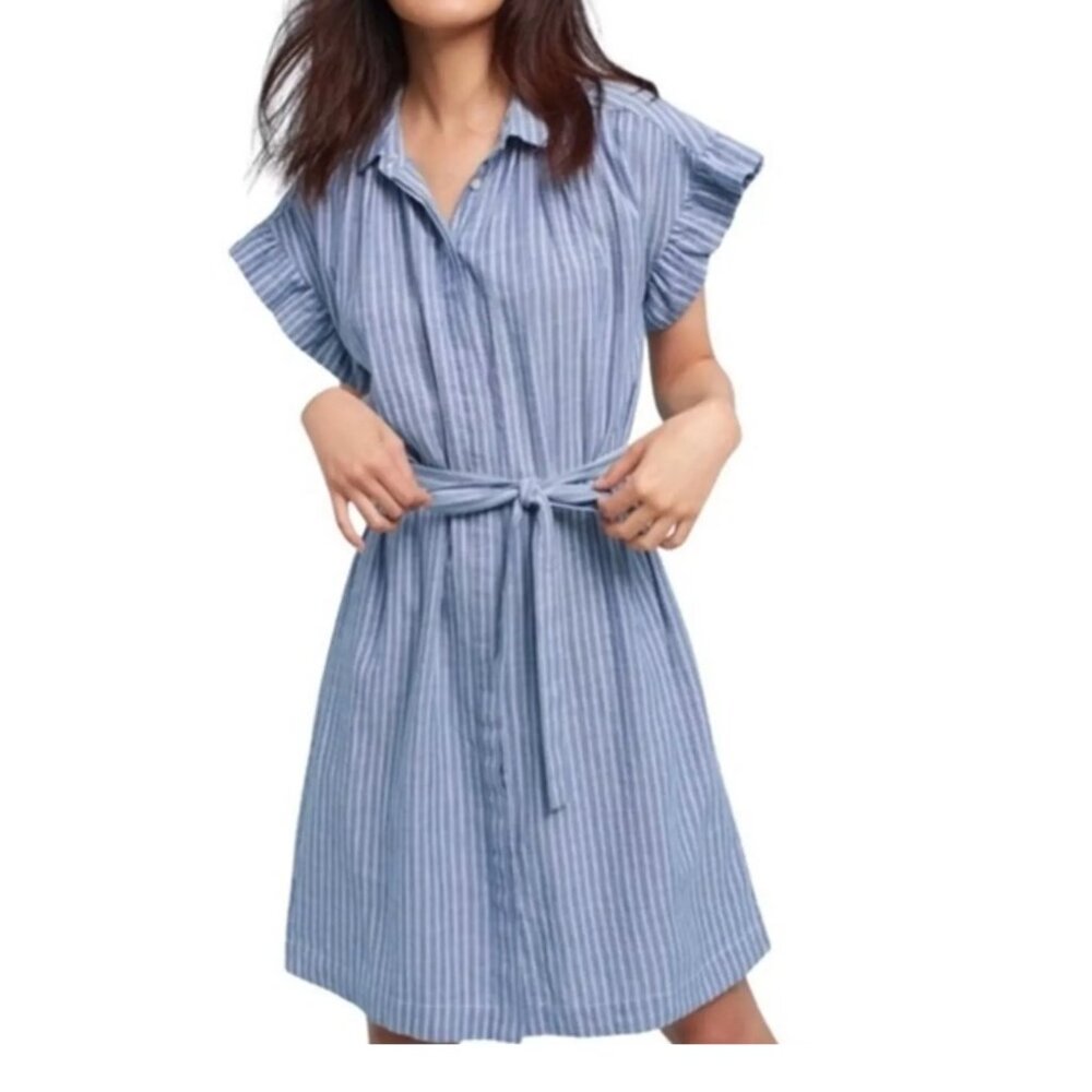 Isabella Sinclair Anthropologie Piper Blue Striped Tie Waist Shirt Dress Size S